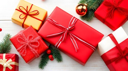  a festive arrangement of Christmas gifts and decorations. There are several wrapped presents in different sizes, mostly in red wrapping paper with white or red ribbons, and one in gold wrapping paper