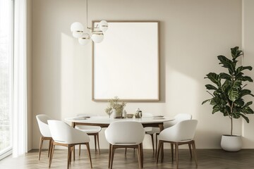 Modern Dining Room Interior with Beige Round Frame Mockup