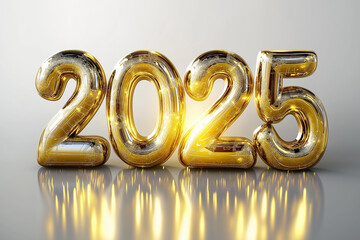 Golden Reflective 2025 Numbers on Clean White Background for New Year Celebration, Symbolizing Future Success, Fresh Beginnings, and Optimism