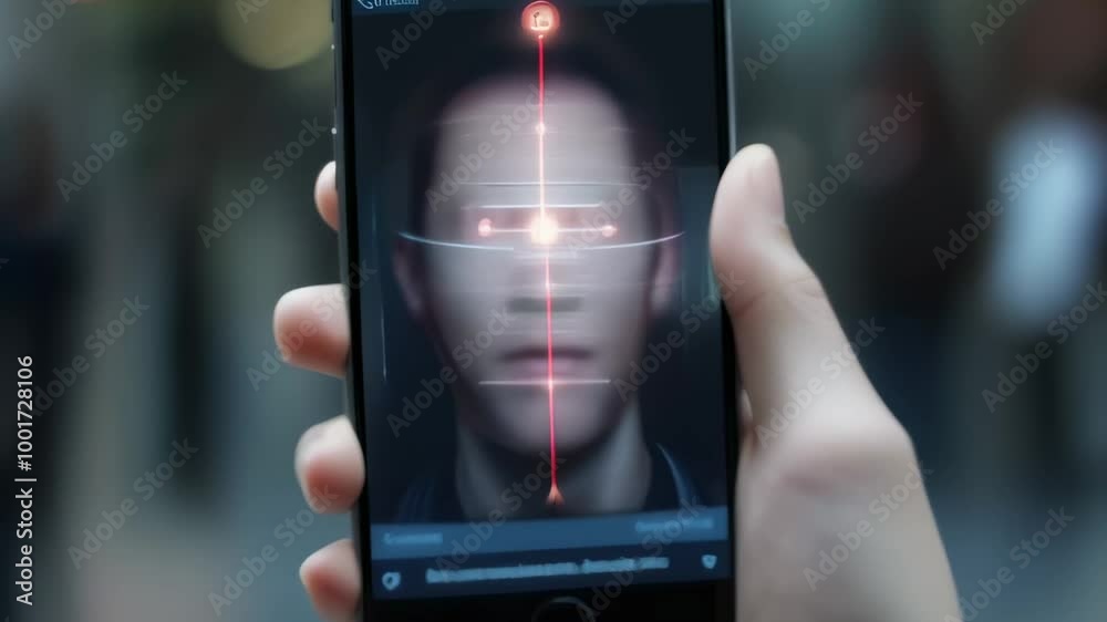 Poster Software developer scans a man's face with a smartphone, focusing on data for security and identification in the digital age