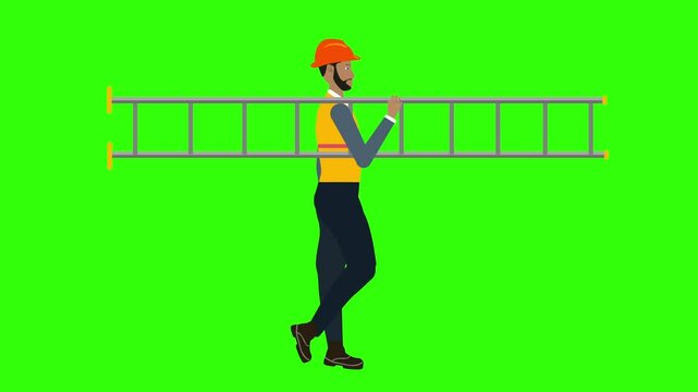 Worker Man character worker walking with ladder on the shoulder animation, green screen loop
