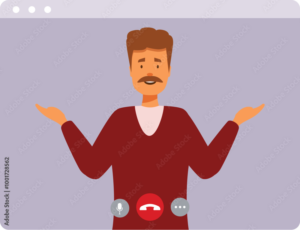 Poster man having video call on computer screen, making gestures with both hands
