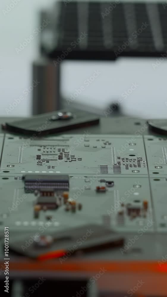 Poster coating machine for printed circuit board at work. creative. close up of automated robotic mechanism