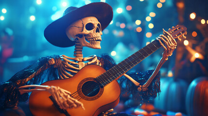 Obraz premium Skeleton Playing a Musical Instrument at a Party A cheerful skeleton wearing a hat, playing a guitar at a Halloween party.