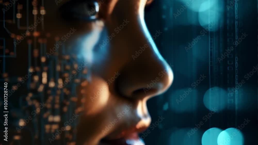 Poster close up of woman face with electronic circuit board data, suggesting concepts such as artificial in