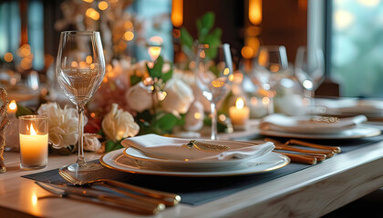 An elegant restaurant for corporate events with exquisite table settings and ambient lighting, a professional and high-class atmosphere.