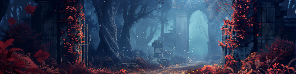 Obraz premium Fantasy Forest Landscape Background Panorama Concept Drawing image HD Print Neo Game Art V12
