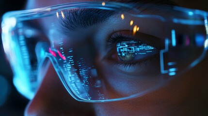 Illustrate augmented reality (AR) glasses or digital interfaces, with holographic projections floating in front of the wearerâ€™s eyes. 