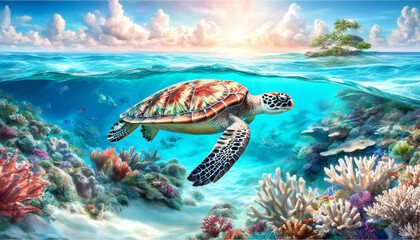 Sea turtle splashes on the seabed with corals