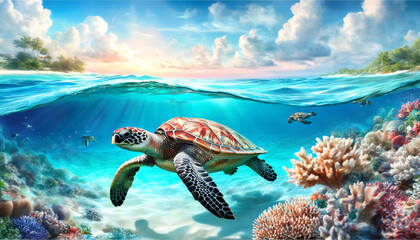 Fototapeta premium Sea turtle splashes on the seabed with corals
