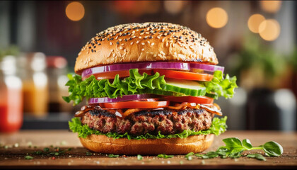 delicious vegan burger being prepared and sold at bustling street market - best-selling plant-based food item in trendy outdoor market setting