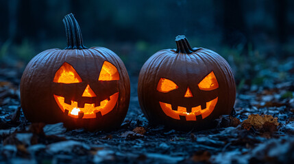 Glowing Jack-o'-Lanterns with Carved Faces
Classic image of pumpkins carved into faces, glowing on a porch.