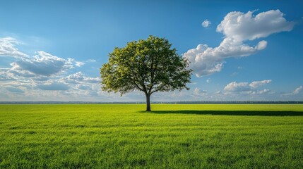 A single tree stands tall in a vast green field under a bright blue sky with fluffy white clouds, casting a long shadow across the field.