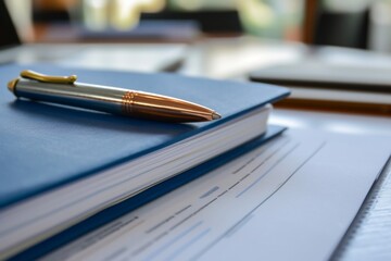 Close-up of a Pen on a Notebook and Business Documents
