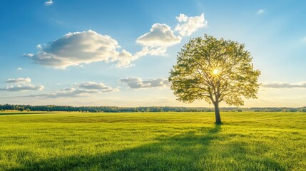 A single tree stands tall in a vast green field, bathed in the warm glow of the setting sun, with a bright blue sky and fluffy white clouds in the background.