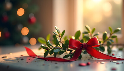 Festive red ribbon tied around a decorative arrangement of greenery on a soft background
