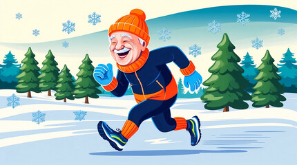 Cartoon elderly active man jogging in the park winter, flat design illustration