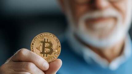 An elderly man holds a golden Bitcoin symbolizing the rise of cryptocurrency in modern finance