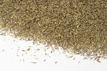 Dry thyme texture, dried marjoram pattern, oregano pile background, ground crushed thyme seasoning...