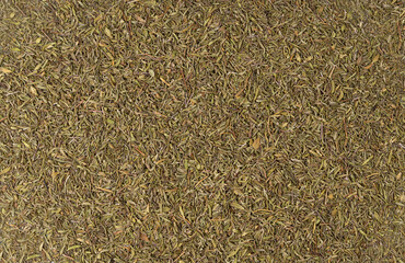 Dry thyme texture, dried marjoram pattern, oregano pile background, ground crushed thyme seasoning...