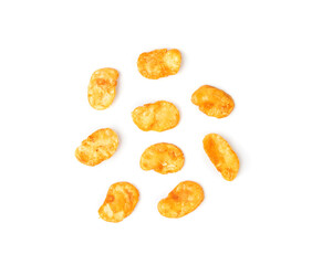 Roasted broad beans snack isolated, fried vicia faba, spicy legume, crispy big beans chips for salads