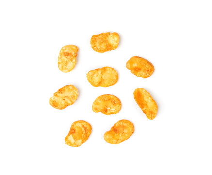 Roasted broad beans snack isolated, fried vicia faba, spicy legume, crispy big beans chips for salads