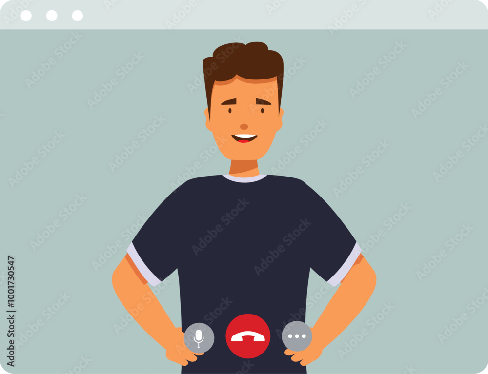 Poster young man in browser window having video call and declining incoming call
