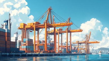 Depict massive cranes at a busy port, loading and unloading cargo from ships. Highlight stacked containers and the efficient transfer of goods, symbolizing global trade and logistics.