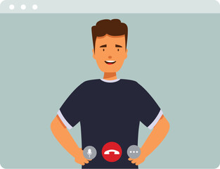 Young man in browser window having video call and declining incoming call