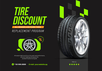 Tire discount. Tire car advertisement poster. Black rubber tire. Realistic vector shining disk car wheel tyre. Information. Store. Action.
