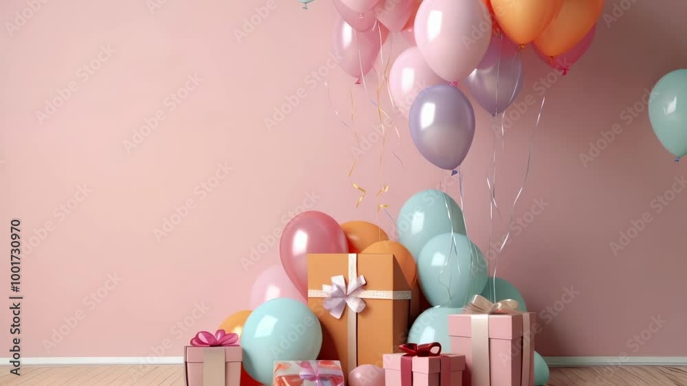 Poster festive image featuring colorful balloons floating over a collection of gift wrapped presents, creat
