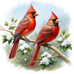 Vibrant red cardinals perched on snow-covered branches in a winter landscape. Generative AI