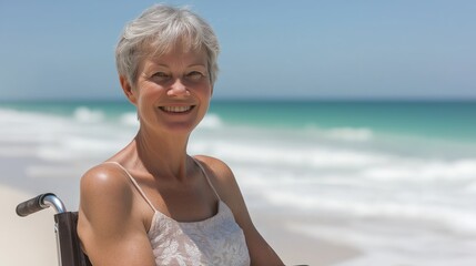Elderly Woman in a Wheelchair Enjoying a Sunny Beach Day for Summer Vacation, Ideal for Travel and Lifestyle Media
