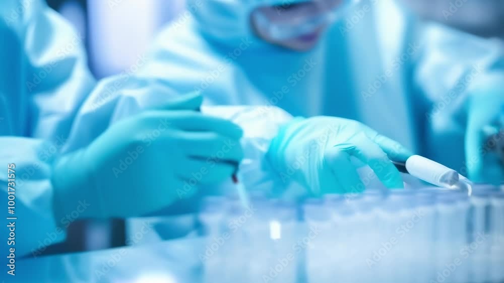 Poster Two scientists in hazmat suits conduct research in a busy lab with test tubes and pipettes, exploring medical technology and innovation