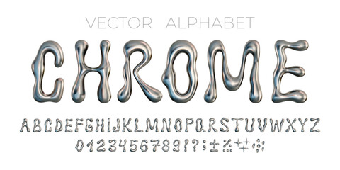 3D vector chrome alphabet. Metal silver letter and number set