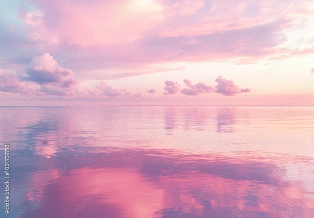 Aufkleber pink sky, reflection of pink clouds on the sea surface, dreamy and romantic. the water is calm with 