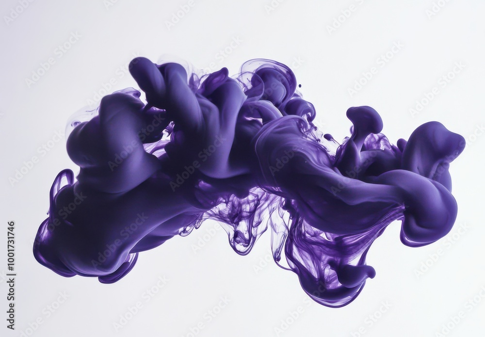 Poster a purple ink liquid flowing on a white background, creating an abstract shape.
