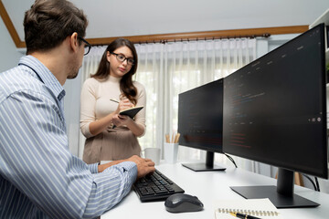 Team skilled developers program thinking newest coding creative website planning software project...