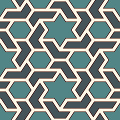 Oriental ancient mosaic seamless pattern. Ethnic ornament. Repeated geometric figures, hexagons, stars motif surface print. Ornamental wallpaper. Geo design digital paper. Vector abstract background