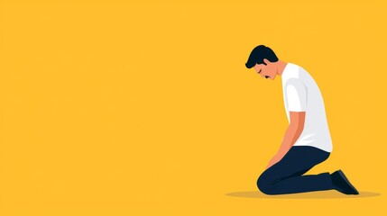 Man kneeling, head bowed, silent emotional suffering, flat design illustration, copy space for text,