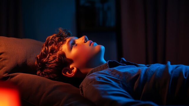 Teen boy lying on his back in a dark room, blank stare at the ceiling, low light, suicidal thoughts, mental health crisis, selective focus on foreground, ultra HD,