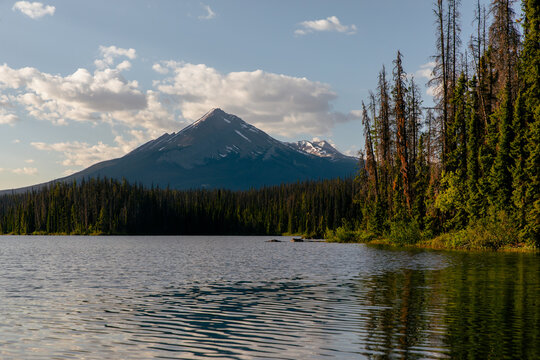 view of tall mountain in the distance in the shape of a pyramid in summer next to a lake with tall coniferous trees on the side of the lake