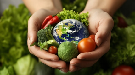 hands holding small Earth surrounded by fresh vegetables,  vegan movement concept