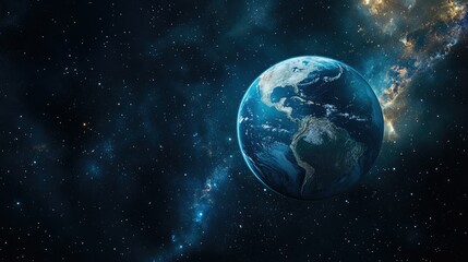 Obraz premium A stunning view of planet Earth from space, with continents visible and a backdrop of twinkling stars and a nebula.