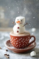 winter wonderland theme, hot chocolate background with polka dot print and a cute marshmallow snowman bobbing in the cup creates a playful scene