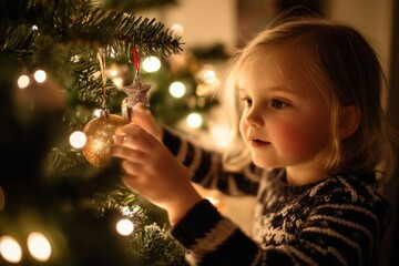 A young child decorates a Christmas tree with ornaments and lights on a cozy evening during the...