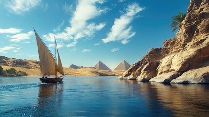 Obraz premium A traditional sailboat sails past the Great Pyramids of Giza, Egypt. The boat is on the calm waters of the Nile River with a palm tree and rocky cliffs in the foreground.