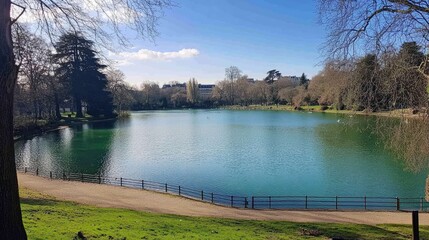 Fototapeta premium A tranquil lake with a walking path and trees surrounding it on a sunny day.