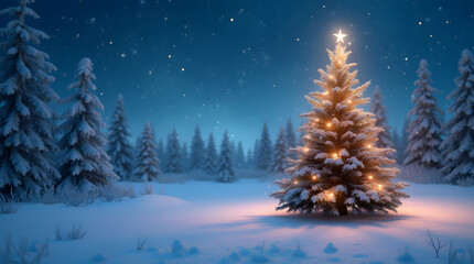 Naklejka premium Fantastic winter landscape with christmas tree. 3D rendering. Christmas background with christmas tree, snow and stars. Generative AI
