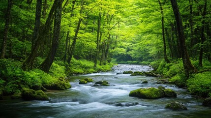 Fototapeta premium A tranquil stream winds through a lush green forest, sunlight dappling the water.